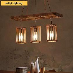 Ladiqi Industrial Vintage Island Light 3 Lights Hanging Pendant Lighting Wooden Chandelier for Kitchen Bar Restaurant Dining Room Table