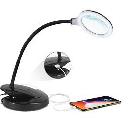 Brightech Lightview Magnifying Glass & Bright LED Lamp with Stand, Clamp - Lighted Glass Magnifier with USB Charging Port (Enjoy Music As You Work) – Dimmable Light for Reading, Crafts – 1.75x - Black