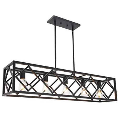 BONLICHT 5 Light Industrial Kitchen Island Lighting in Matte Black Finish Linear Classic Cage Pendant Light Farmhouse Chandelier Metal Hanging Ceiling Fixture