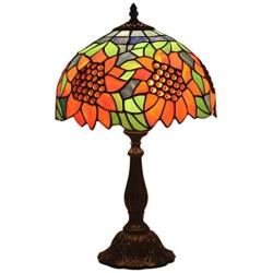 Errzom Pastoral Sunflower Green Leaves Shade Table Lamp 12 Inch Tiffany Style Orange Blue Stained Glass Desk Lamp, Living Room Bedroom Bedside Study Room Reading Lamp