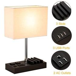 Briever USB Table Lamp, Multi-Functional Bedside Desk Lamp with 2 AC Outlets, 3 USB Charging Ports and Wooden Phone Stand Organizer, Ideal Nightstand Lamp for Bedroom, Guest Room, Office