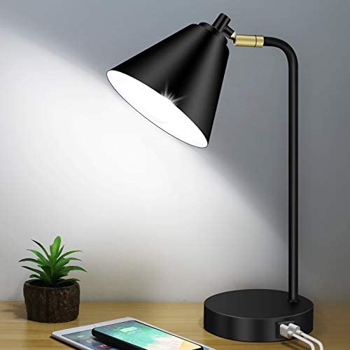 Industrial Touch Control Desk Lamp with 2 USB Ports and AC Outlet 3-Way Dimmable Table Lamp with Flexible Head Beside Nightstand Black Metal Task Light for Office Bedroom Living Room LED Bulb Included