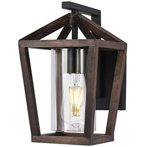 1-Light Farmhouse Outdoor Porch Wall Light Fixtures, Wood Lantern Wall Mounted Light Fixtures with Cylinder Clear Glass Shade for Front Door, Porch, Balcony, Hallway and Entryway (with Glass Shade)