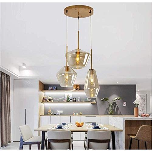 3-Light Vintage Kitchen Island Cognac Glass Chandelier Pendant Lighting Fixture , Antique Gold Finish Flush Mount Ceiling Lights for Island,Dining Room, Cafe, Bar