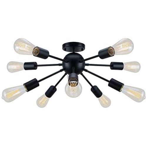 ArcoMead Vintage Semi Flush Mount Ceiling Light with 10 UL Sockets, E26 Base Black Sputnik Industrial Ceiling Lamp Fixture for Kitchen Dining Room Bedroom Study Living Room (10 Sockets)