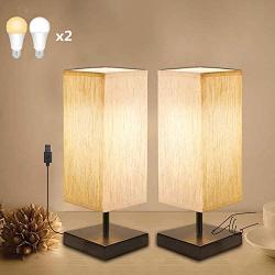 Touch Sensor Bedside Lamp Set of 2, Yuusei 2700K-5000K Table Lamp with Square Linen Fabric Shade, 4 LED Bulbs Included, Low Voltage Dimmable Minimalist Nightstand Lamp for Bedroom, Living Room