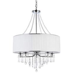 A1A9 Modern 5-Light Drum Pendant Lighting Fixture, 26 White Fabric Shade, Elegant Hanging Ceiling Lights with Crystal, Chrome Finish Chandelier for Entryway, Hallway, Dining Room and Foyer