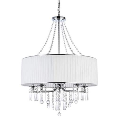 A1A9 Modern 5-Light Drum Pendant Lighting Fixture, 26 White Fabric Shade, Elegant Hanging Ceiling Lights with Crystal, Chrome Finish Chandelier for Entryway, Hallway, Dining Room and Foyer