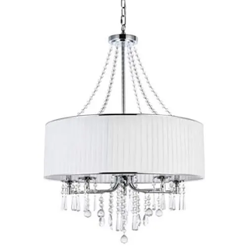 A1A9 Modern 5-Light Drum Pendant Lighting Fixture, 26 White Fabric Shade, Elegant Hanging Ceiling Lights with Crystal, Chrome Finish Chandelier for Entryway, Hallway, Dining Room and Foyer