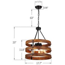 3 Light x 17.7'' Wide Metal Round Wood Shade Geometric Chandelier Industrial Farmhouse Lantern Hanging Foyer Pendant Lamp Retro Edison Bulb Open Frame Drum Shade Lantern Lamp