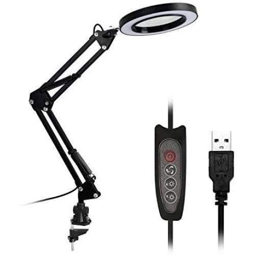 Kecheer 5X Magnifying Glass Clamp Lamp Magnifier LED Light Foldable Reading Lamp with Three Dimming Modes USB Power Supply (C-clamp Type)