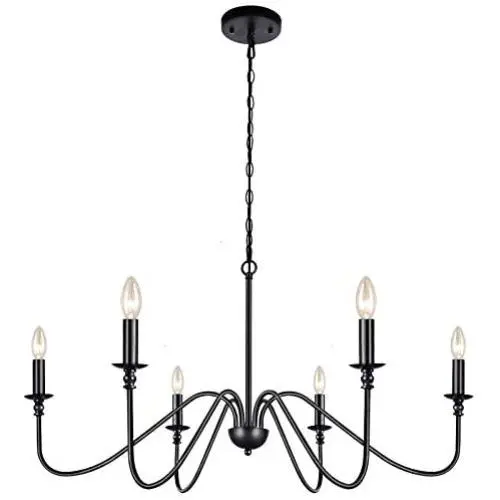 Lampundit 6-Light Iron Chandelier Black Farmhouse Chandelier Classic Candle Ceiling Pendant Light Fixture for Kitchen Island Dining Room Living Room Foyer Barn
