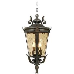 Casa Marseille Traditional Outdoor Ceiling Light Hanging Mediterranean Veranda Bronze Scroll 23 3/4'' Champagne Hammered Glass Damp Rated for Exterior House Porch Patio - John Timberland