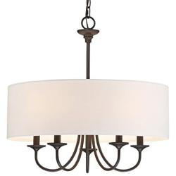 Kira Home Quinn 21'' Traditional 5-Light Chandelier + White Linen Drum Shade, Oil-Rubbed Bronze Finish