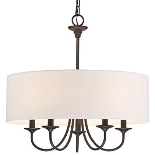 Kira Home Quinn 21'' Traditional 5-Light Chandelier + White Linen Drum Shade, Oil-Rubbed Bronze Finish