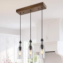 LNC A03491 Wooden Pendant Lights 3-Height Adjustable Farmhouse Chandelier for Kitchen Island and Dining Room, Square