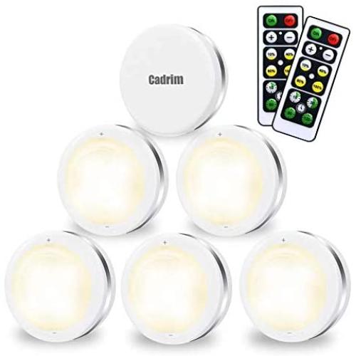 Cadrim Puck Lights, LED Stick on Lightings and Dimmable Under Cabinet Lights Battery Powered Under Counter Tap Lights with 2 Wireless Remote Controls (6 Pack) (White)