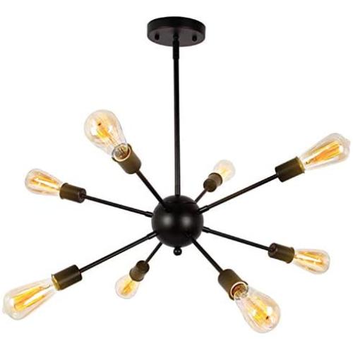 Temgin Sputnik Chandelier Modern 8 Lights Black Pendant Light Industrial Ceiling Light Fixture Vintage for Kitchen Dining Living Room Bedroom(Without Bulb)