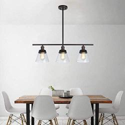 Rustic Glass Kitchen Island Lighting, Clear Seeded Glass Linear Chandelier, 3 Lights Adjustable Rod Industrial Pendant Light Fixture for Kitchen Island Dining Room Farmhouse, Oil Rubbed Bronze