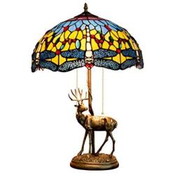 Tiffany Style Lamps Stained Glass Table Desk Reading Lamp Crystal Bead Blue Yellow Dragonfly Shade with Resin Elk Base for Living Room Bedside