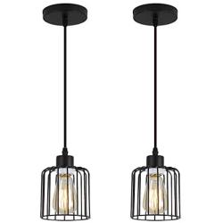 ZhLCY 2 Pack Vintage Mini Wire Pendant Lights with Matte Black Metal Shape, Industrial Caged Hanging Lights, Rustic Farmhouse Lighting Fixtures for Kitchen Loft Bar Counter Foyer Dining Room