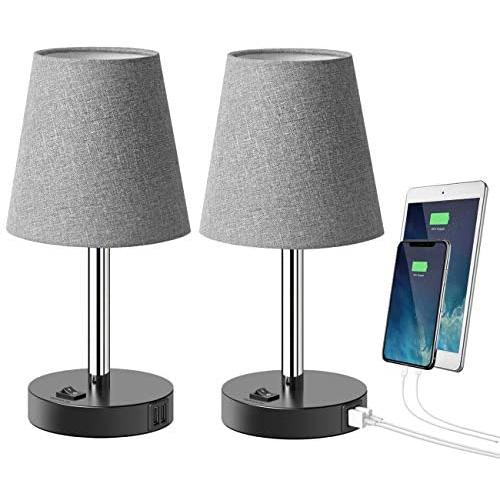 Tomons USB Table Lamp with 2 USB Charging Ports, Modern Minimalist Bedside Lamp Design Nightstand, Gray Fabric Shade Metal Desk Lamp for Bedroom, Living Room, Office, Guest Room, Kid’s Room-Set of 2