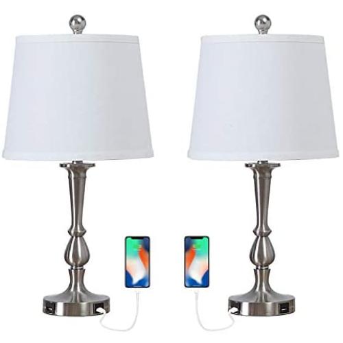 Table Lamp Set of 2, Modern USB Table Lamps with White Drum Shade, 22 Metal Bedside Nightstand Lamps for Bedroom, Living Room, Nickel Finish