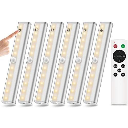 Remote Control LED Lights Wireless Under Cabinet Lighting, 20-Led Dimmable Closet Light Stair Night Lights Battery Operated, Stick on Anywhere Safe Light for Kitchen Bedroom, 3 Colors Mode (6 Pack)