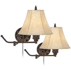 Rosslyn Rustic Swing Arm Wall Lamps Set of 2 French Country Bronze Plug-in Light Fixture Faux Leather Shade for Bedroom Bedside Living Room Reading - Barnes and Ivy