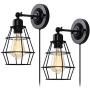 Industrial Plug in Wall Sconce 2 Pack, Hardwired Vintage Cage Vanity Wall Light, Farmhouse Wall Lights Fixture for Bathroom Bedroom Living Room Garage, Black