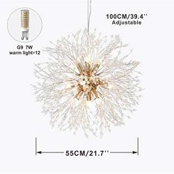 BOKT Modern Firework Chandelier 12 Lights Golden Crystal Pendant Light Fixtures with 7W G9 LED Bulbs, Dandelion Hanging Pedant Light for Living Room Dining Room Restaurant (Gold, 21.7''/ 55cm)