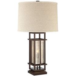 Matthew Modern Rustic Table Lamp with Nightlight LED Caged Brown Metal Oatmeal Fabric Drum Shade for Living Room Bedroom Bedside Nightstand Office Family - Franklin Iron Works
