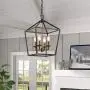 Farmhouse Lantern Chandelier ,4-Light Metal Adjustable Height Industrial Square Pendant Light,for Living Room,Kitchen Lsland,Hallway Foyer Hanging Lighting(Black+Gold)