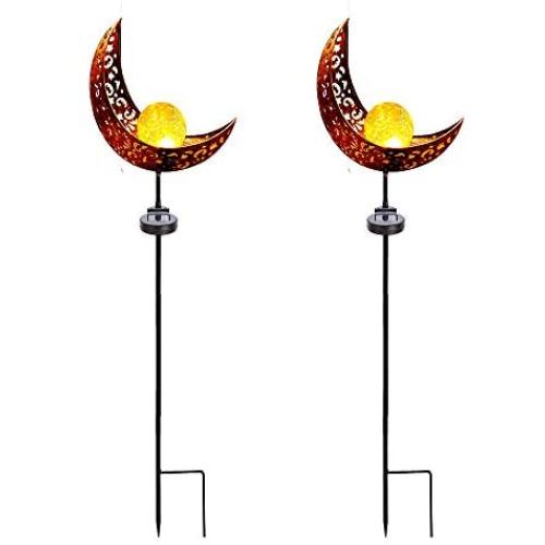 Aikeve Solar Garden Stake Lights,2 Pack Crackle Glass Globe Antique Brass Metal Stake Warm White Moon Lights,Outdoor Waterproof for Lawn Patio Yard Wedding Party Decorations Light