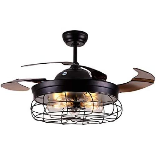 42'' Modern Ceiling Fans with Lights, Industrial Ceiling Fan Retractable Blades Vintage Cage, Change 3 Speed , 5 x 40W, E27 bulb, bulb no included, Mute motor Indoor Fan Light for Living Room, Kitchen, Bedroom, Dining Room, Dinner Rroom