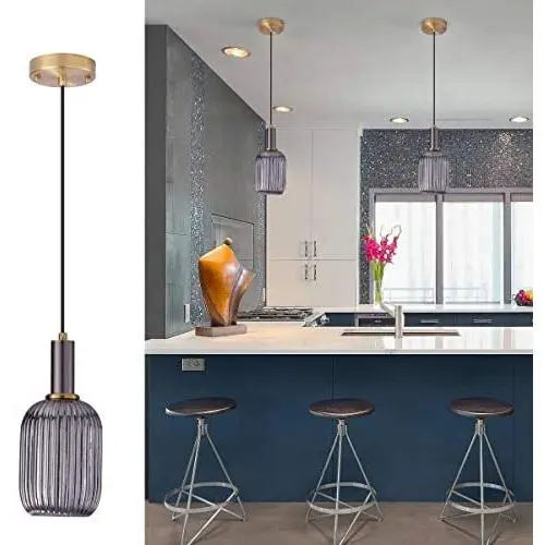 Glass Pendant Light Mini 1-Light Pendant Light Fixture for Kitchen Island Vintage Blown Glass Hanging Light Grey Lantern Shade for Hallway,Dining Room,Balcony,Foyer,Christmas Gift,MAX40W E26 Bulb