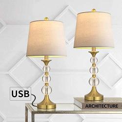 Oneach 24.2'' Crystal Table Lamps USB Charging Port for Living Room Set of 2 Modern Bedside Lamp with Clear Stacked Ball Night Light Lamp for Bedroom Accent Antique Brass