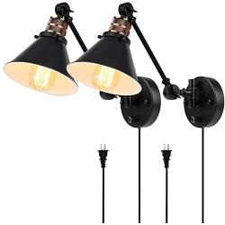 Plug in Wall Sconces Set of 2, PARTPHONER Swing Arm Wall Lamp with Dimmable On Off Switch, Metal Black Vintage Industrial Wall Mounted Lighting Reading Light Fixture for Bedside Bedroom Indoor Doorway