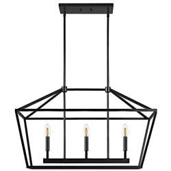 MOTINI 3-Light Kitchen Island Lantern Pendant Linear Chandelier Black Rod Hanging Light 32''x 12''x 19''