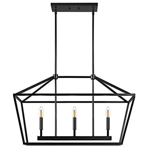 MOTINI 3-Light Kitchen Island Lantern Pendant Linear Chandelier Black Rod Hanging Light 32''x 12''x 19''