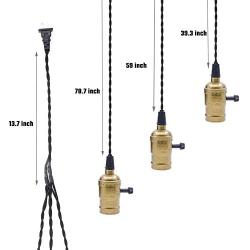 WUYOR Vintage Triple Light Sockets Pendant Light Kit Cord E26/E27 Industrial Hanging Lamp Cord 15.9 FT Twisted Black Cloth Bulb Cord Plug in Hanging Light Fixture (Gold)