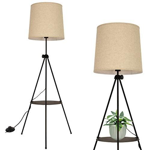 Modern Industrial Flaxen Lampshade Tripod Floor Lamp with Shelves- Modern Mid Century Design Standing Light with Metal Legs - Adjustable Height Reading Light for Living Room Bedside Office