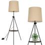Modern Industrial Flaxen Lampshade Tripod Floor Lamp with Shelves- Modern Mid Century Design Standing Light with Metal Legs - Adjustable Height Reading Light for Living Room Bedside Office