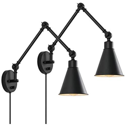 Swing Arm Wall Lamp for Bedroom, Set of 2 Plug in Wall Light Fixture with Dimmable Switch, Industrial Metal Black Wall Reading Sconce for Living Room Farmhouse Hallway