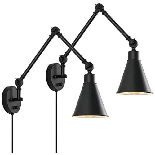 Swing Arm Wall Lamp for Bedroom, Set of 2 Plug in Wall Light Fixture with Dimmable Switch, Industrial Metal Black Wall Reading Sconce for Living Room Farmhouse Hallway