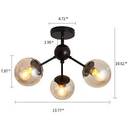 UOFUS 3-Light Chandelier Black Semi Flush Mount Ceiling Light Fixture Glass Shade Modern Lighting for Hallway Kitchen Living Room Dining Room Bedroom Farmhouse