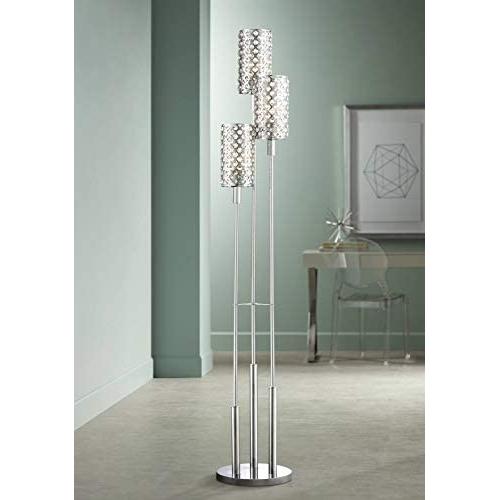 Modern Floor Lamp 3 Light Chrome Glitz Clear Crystal Bead Shade for Living Room Reading Bedroom Office Uplight - Possini Euro Design