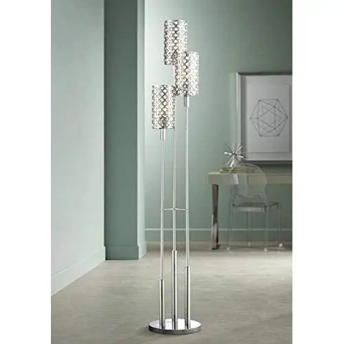 Modern Floor Lamp 3 Light Chrome Glitz Clear Crystal Bead Shade for Living Room Reading Bedroom Office Uplight - Possini Euro Design