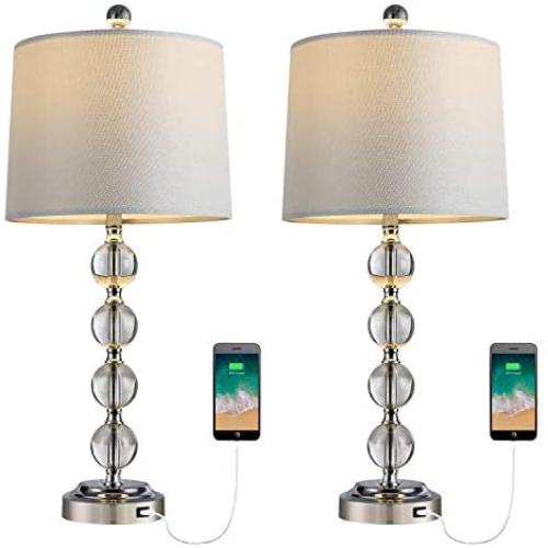 BOBOMOMO Modern Crystal USB Table Lamps Set of 2 for Living Room Nightstand Bedroom 25'' Bedside Desk Lamp Silver Shade