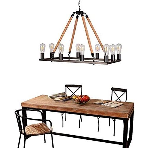 10 Lights W31.5 Rectangle Vintage Rope Barn Chandelier Kitchen Rustic Wagon Wheel Pendant Farmhouse Island Chandeliers Ceiling Light Fixture for Dining Living Room Cafe Hallways Entryway